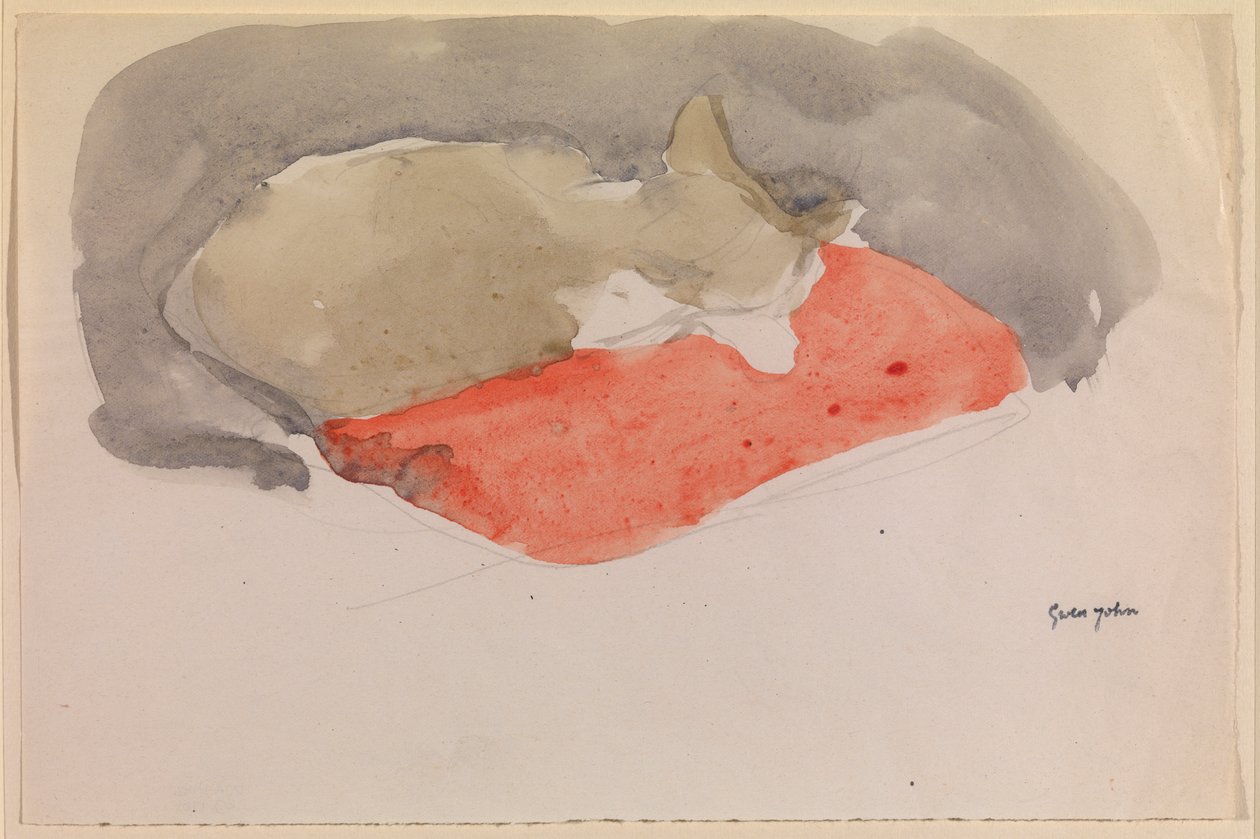 Kot śpiący na czerwonej poduszce (gwasz i ołówek na papierze) autorstwa Gwen John