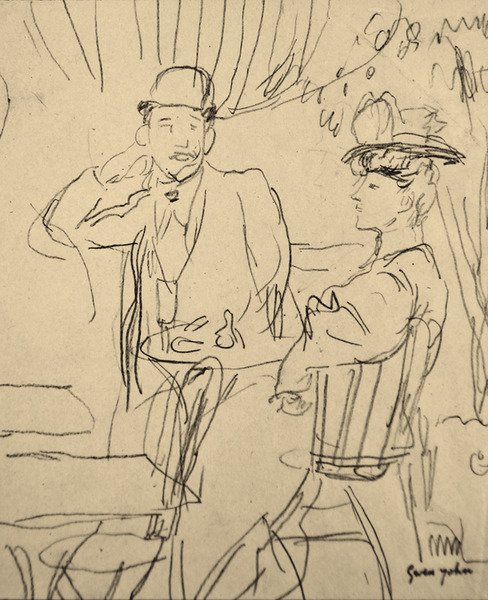 Para w kawiarni (ołówek na papierze) autorstwa Gwen John