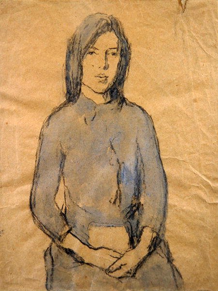 Dziewczyna, ręce spoczywające na kolanach (ołówek i akwarela na papierze) autorstwa Gwen John