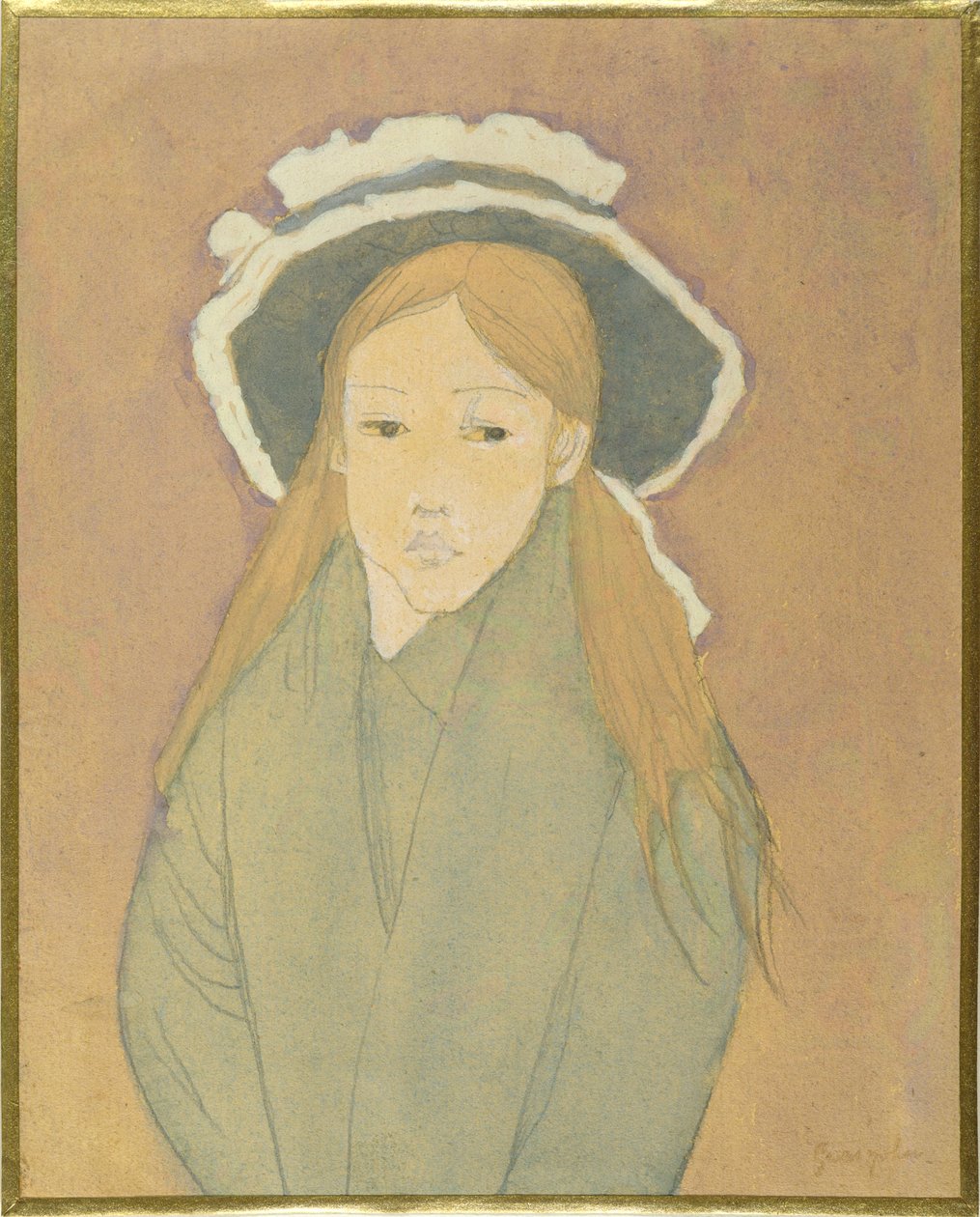 Dziewczyna w dużym kapeluszu i słomkowych włosach, 1910 (wc, gwasz i grafit na papierze) autorstwa Gwen John