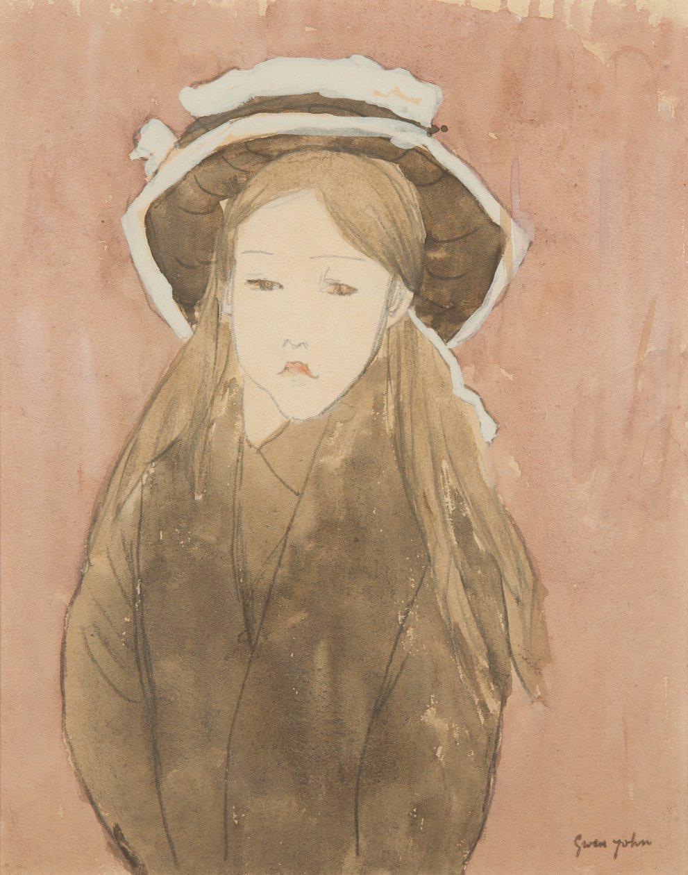 Mała dziewczynka w dużym kapeluszu (akwarela na papierze) autorstwa Gwen John