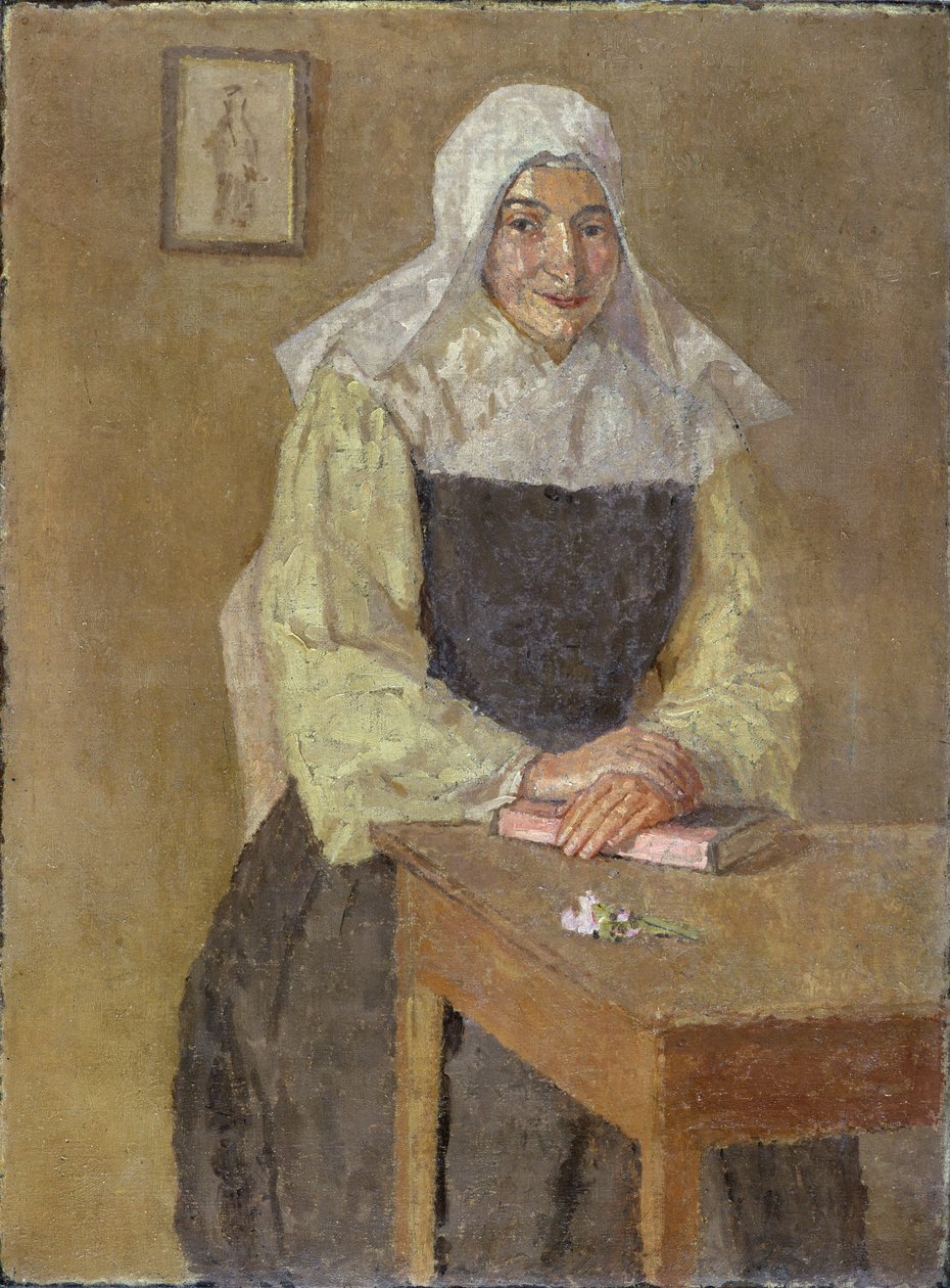 Mere Poussepin siedząca przy stole (olej na płótnie) autorstwa Gwen John