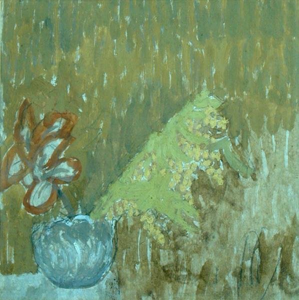 Mimoza i inne kwiaty w wazonie, ok. 1930 (ołówek i olej na papierze) autorstwa Gwen John