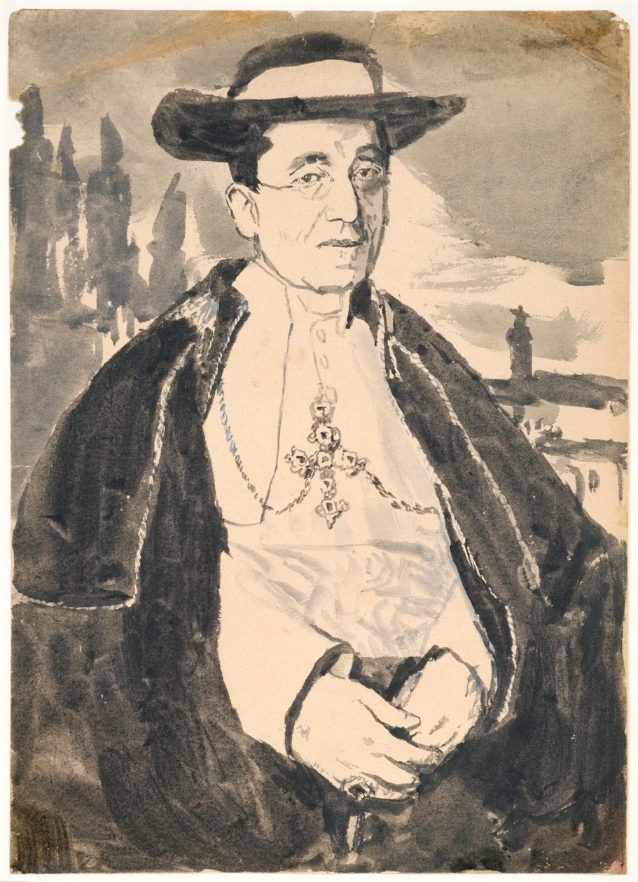 Papież Benedykt XV (gwasz z tuszem na papierze) autorstwa Gwen John