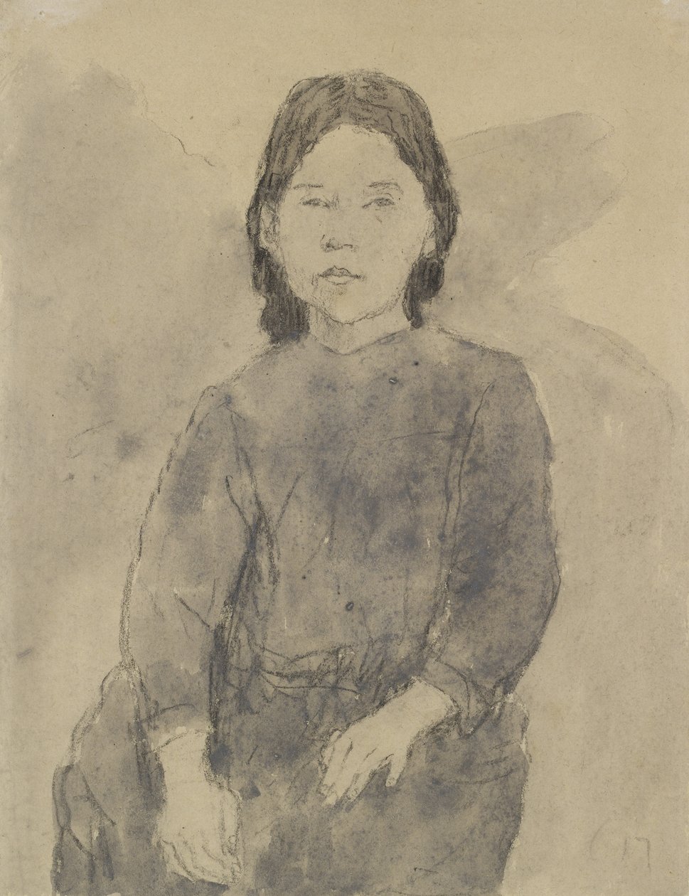 Siedząca dziewczyna (Marie Hamonet?) (węgiel, szary wash i kolor nadwozia na szarym papierze) autorstwa Gwen John
