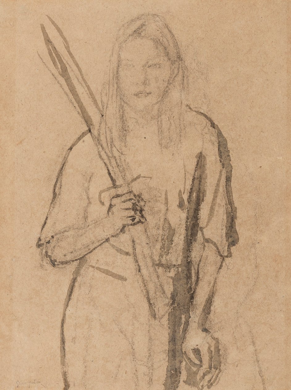 Stojąca Dziewczyna z drewnianym słupkiem w dłoni (ołówek i pranie na papierze) autorstwa Gwen John