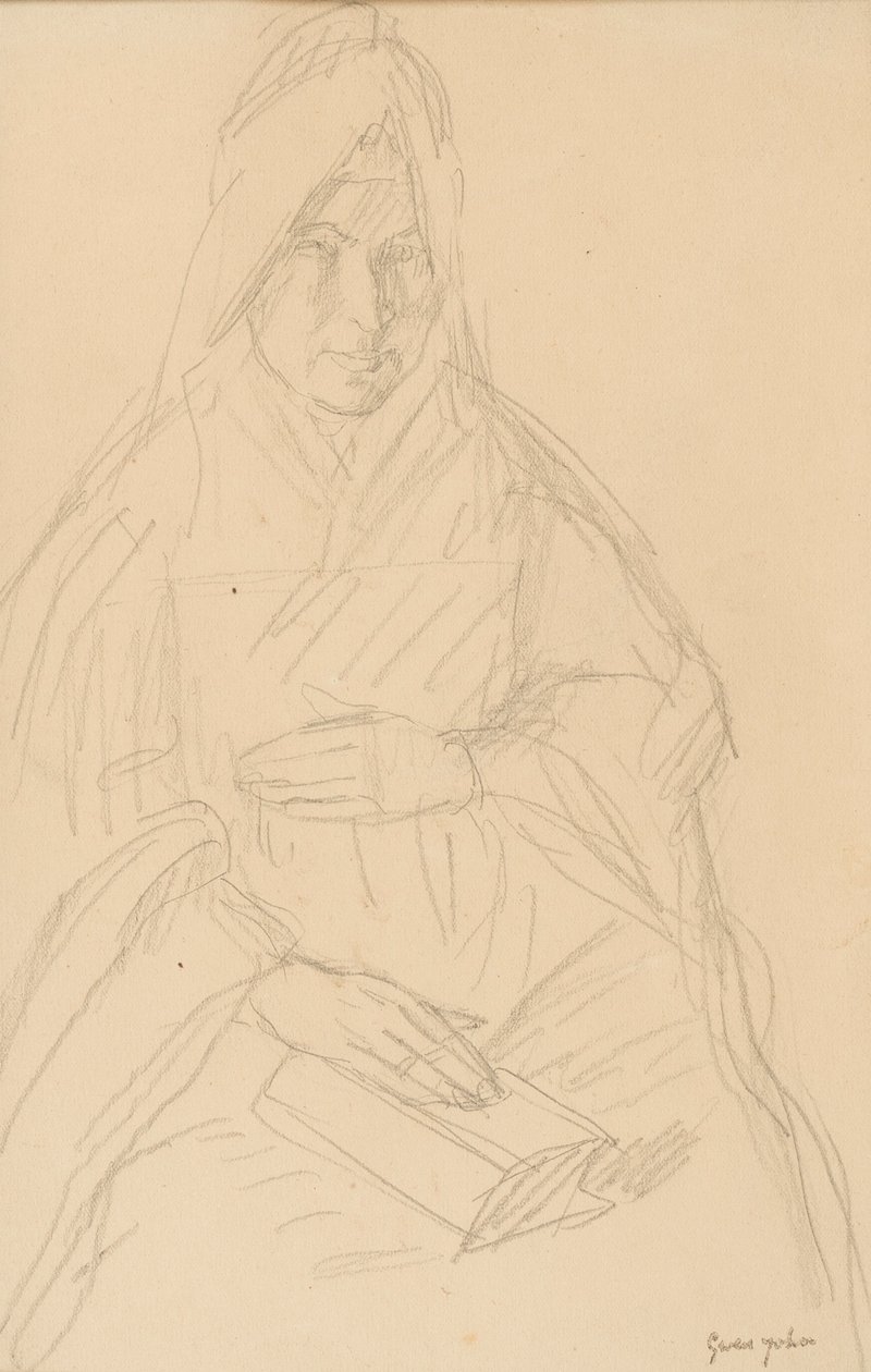 Studium dla Mere Poussepina siedzącego przy stole, ok. 1915 autorstwa Gwen John