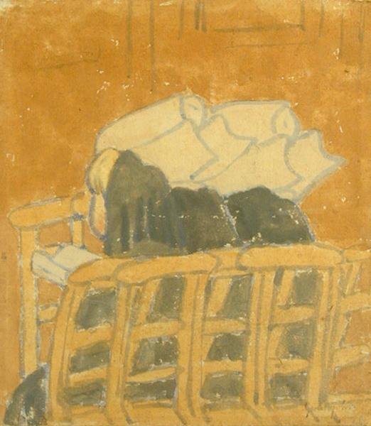 Dwie zakonnice i dziewczyna w kościele (gwasz na papierze) autorstwa Gwen John
