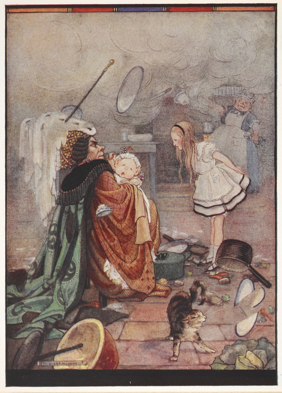 Chaotyczna scena kuchenna z Dutchess niosącą świnię przebraną za dziecko, rozmawiającą z Alice, podczas gdy kucharz rzuca naczyniami. autorstwa Gwynedd M. Hudson