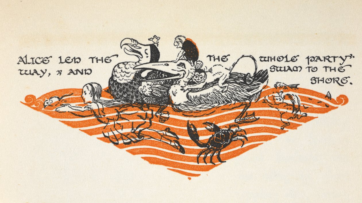 Ilustracja przedstawiająca Alicję i zwierzęta płynące z "Basenu łez". Zwierzęta to dodo, mysz, małpa, ryba, krab, wiewiórka i kaczka. autorstwa Gwynedd M. Hudson