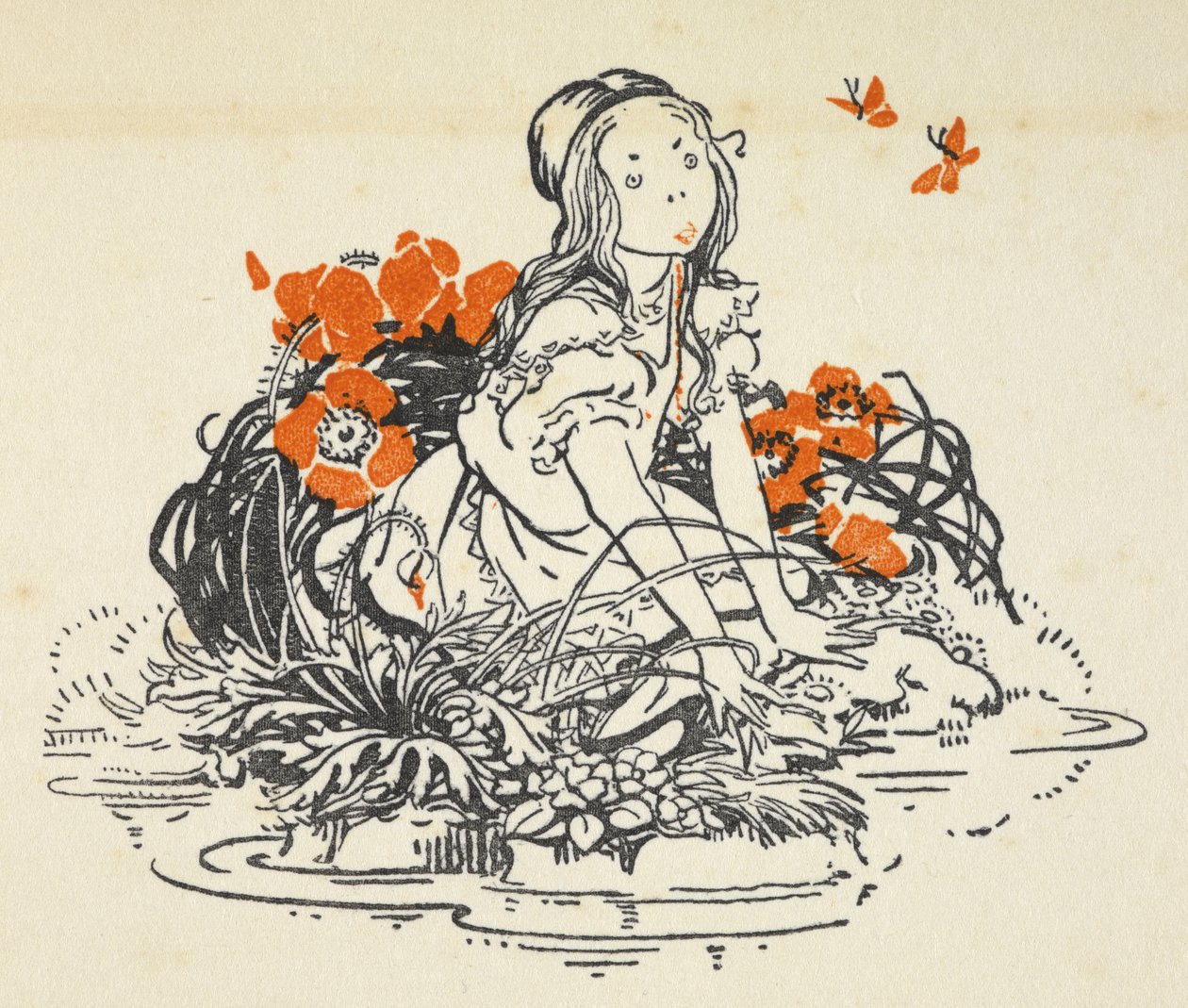 Ilustracja przedstawiająca Alicję obok basenu otoczonego makami i motylami autorstwa Gwynedd M. Hudson