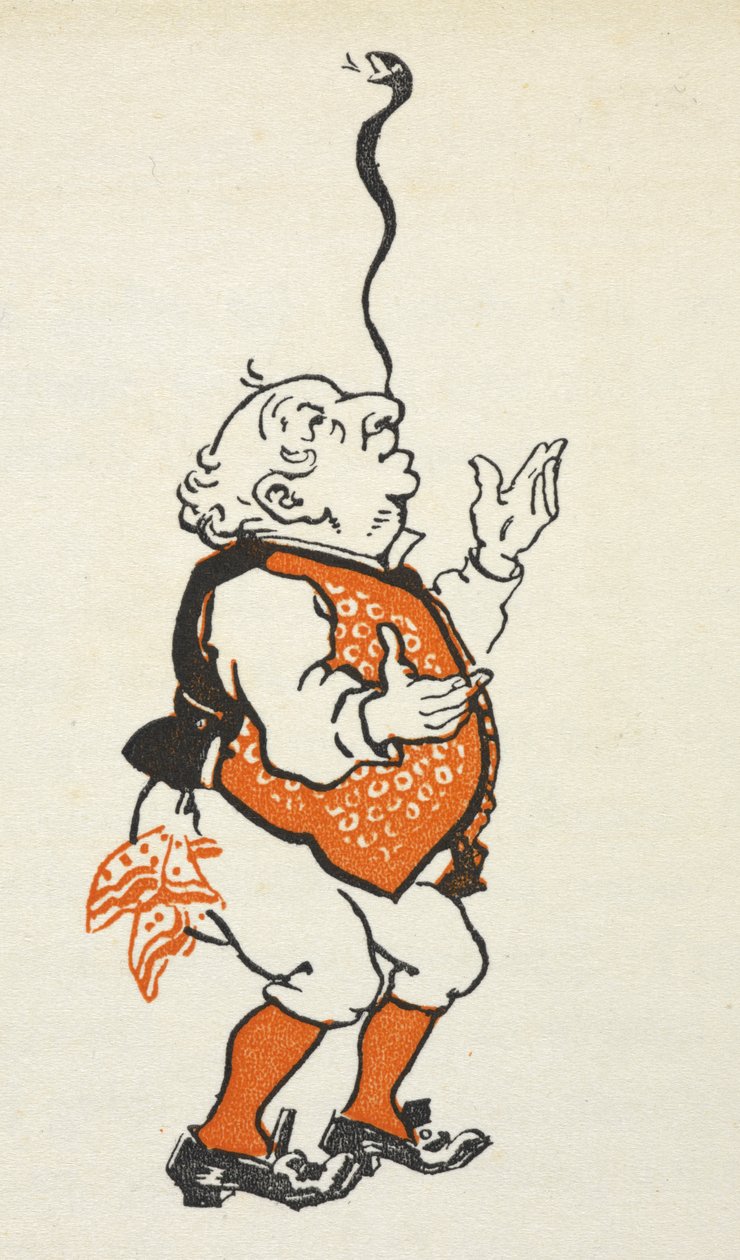 Ilustracja elegancko ubranego mężczyzny balansującego wężem na nosie. autorstwa Gwynedd M. Hudson