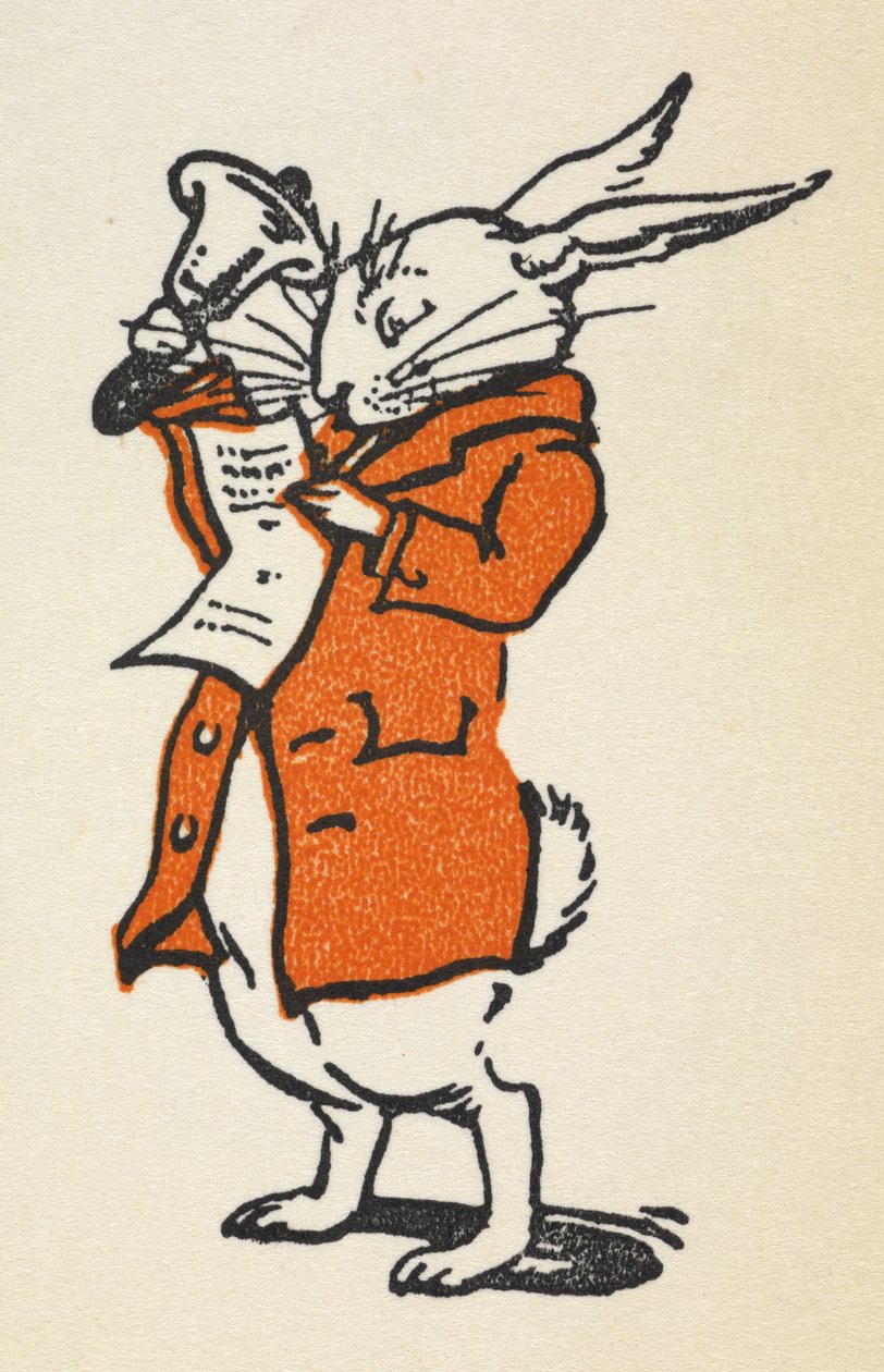 Ilustracja przedstawiająca Białego Królika w czerwonej kurtce dzwoniącego dużym dzwonkiem i czytającego autorstwa Gwynedd M. Hudson