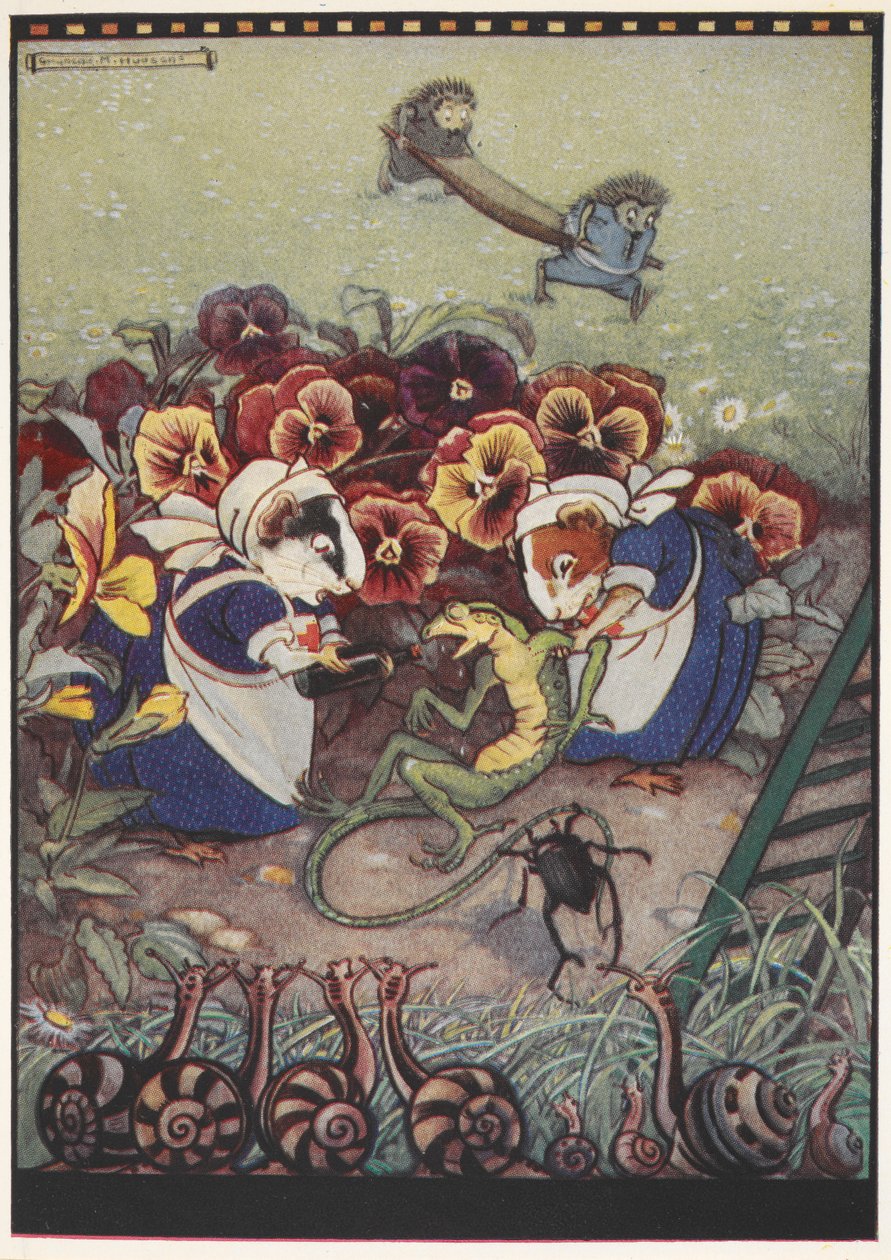 Ilustracja przedstawiająca dwie świnki morskie ubrane w stroje pokojówek opiekujące się jaszczurką, podczas gdy dwa jeże niosą nosze, aby jej pomóc. autorstwa Gwynedd M. Hudson