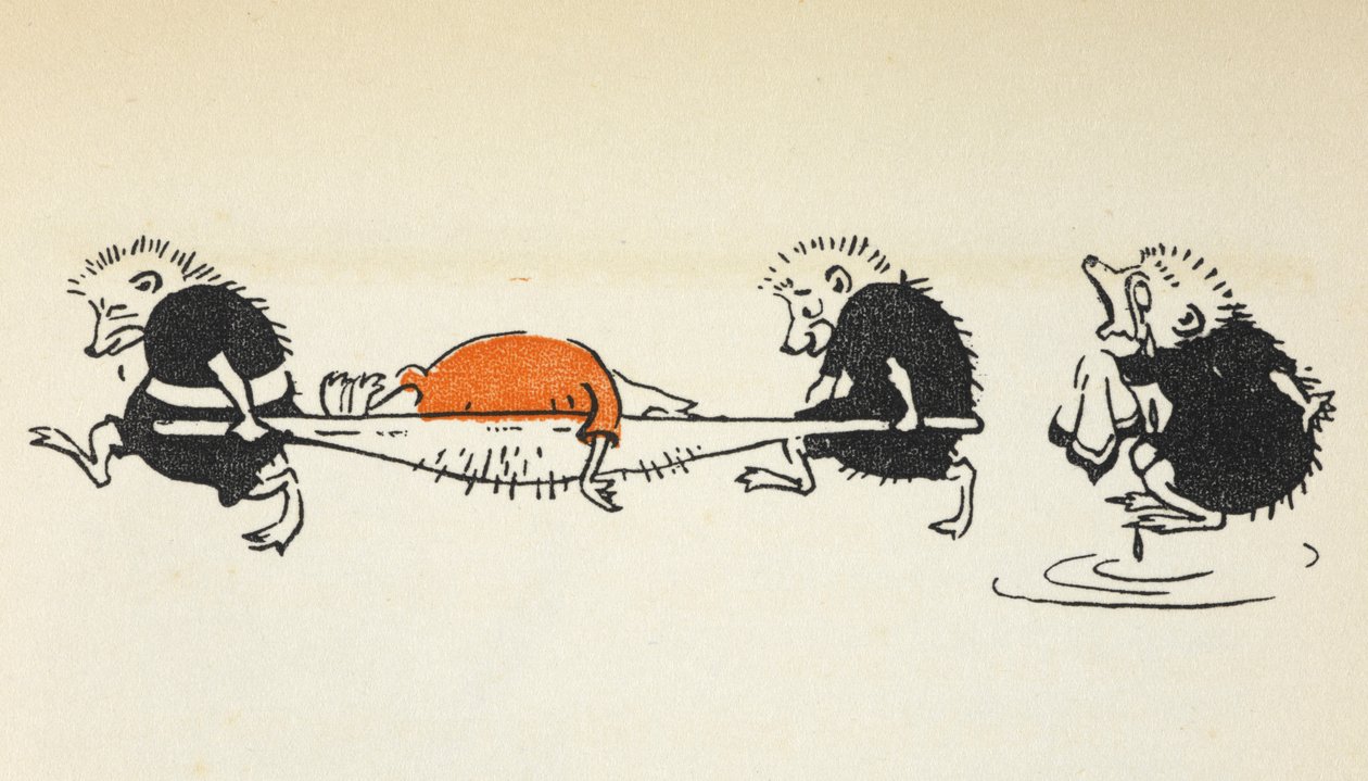 Ilustracja przedstawiająca dwa jeże niosące rannego gracza w krokieta, za którymi podąża inny płaczący jeż. autorstwa Gwynedd M. Hudson