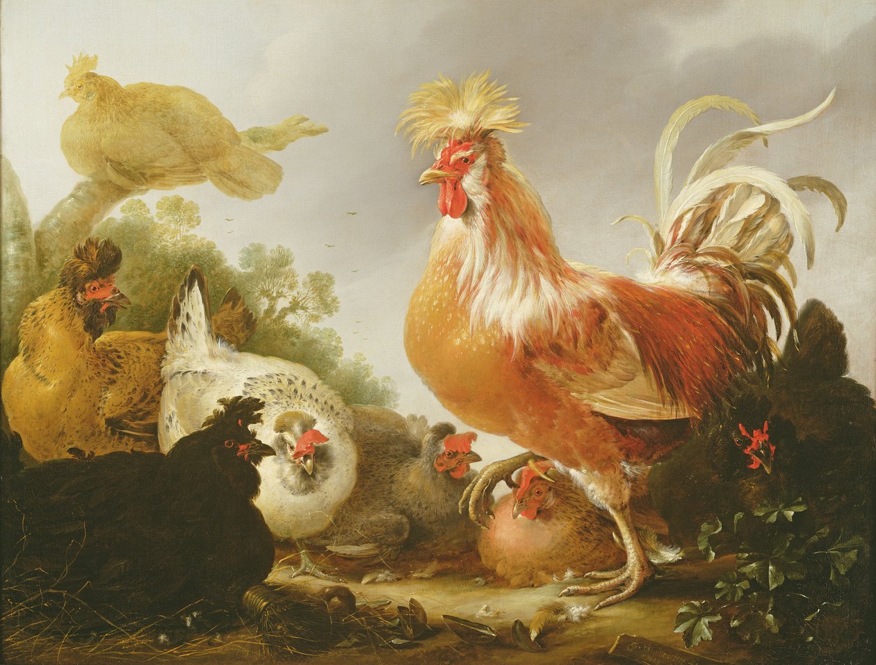 Kogucik i kury w krajobrazie, 1649 autorstwa Gysbert Hondecoeter