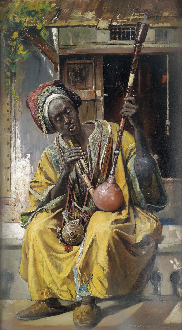 ""Fumeur de pipe a eau"" (narghile) (Palacz fajki wodnej) Peinture de Gyula Tornai (1861-1928) Olej na drewnie 1903 Wym. 58x34 cm Kolekcja prywatna autorstwa Gyula Tornai