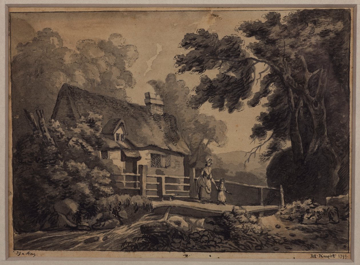 Matka z dzieckiem przechodząca przez strumień, 1799 (ołówek, tusz i wash na papierze) autorstwa H. Knight