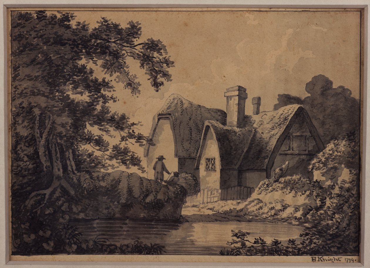 Dwójka przy chacie w pejzażu, 1799 (ołówek, atrament i pranie na papierze) autorstwa H. Knight