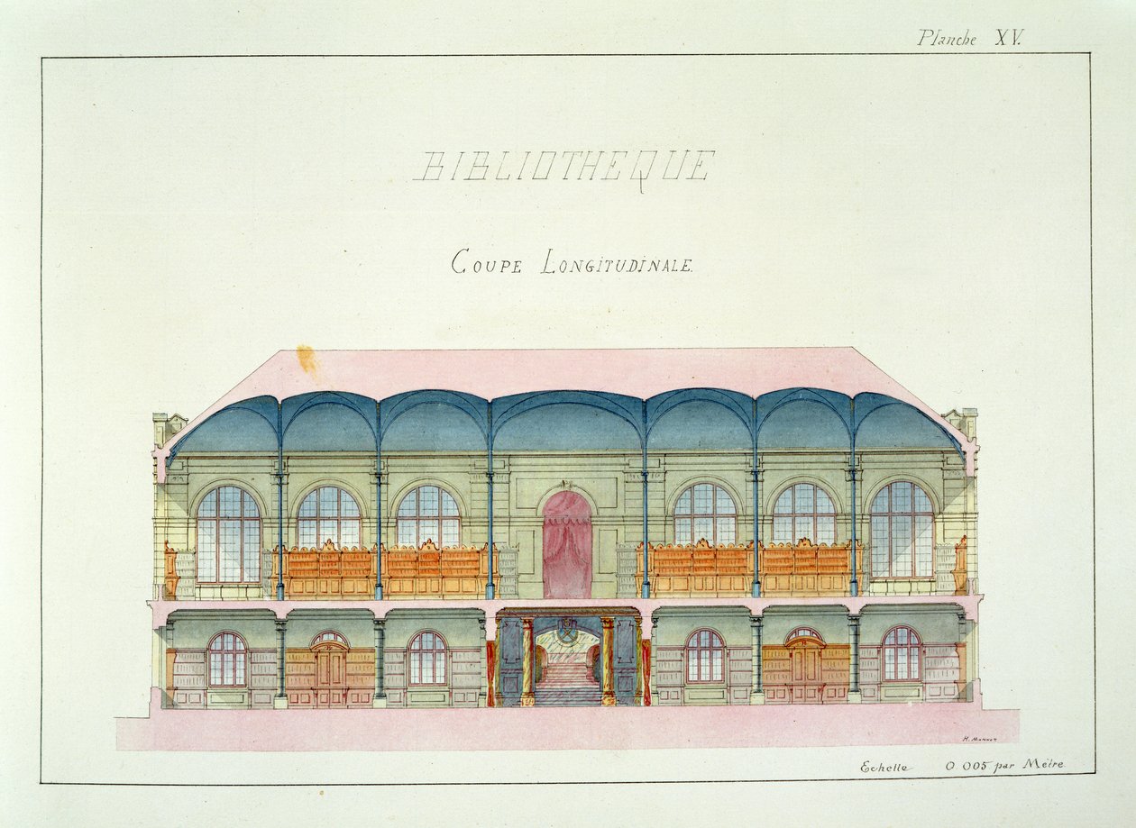 Przekrój Biblioteki, tablica XV z kartoteki projektów, ok.1870 autorstwa H. Monnot