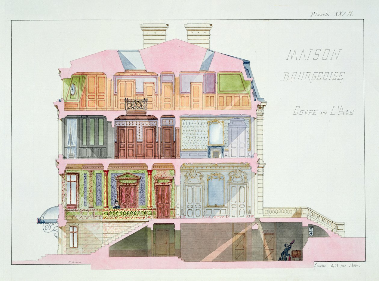 Przekrój domu dla mieszczan, tablica XXXVI z teczki wzorów, ok.1870 autorstwa H. Monnot