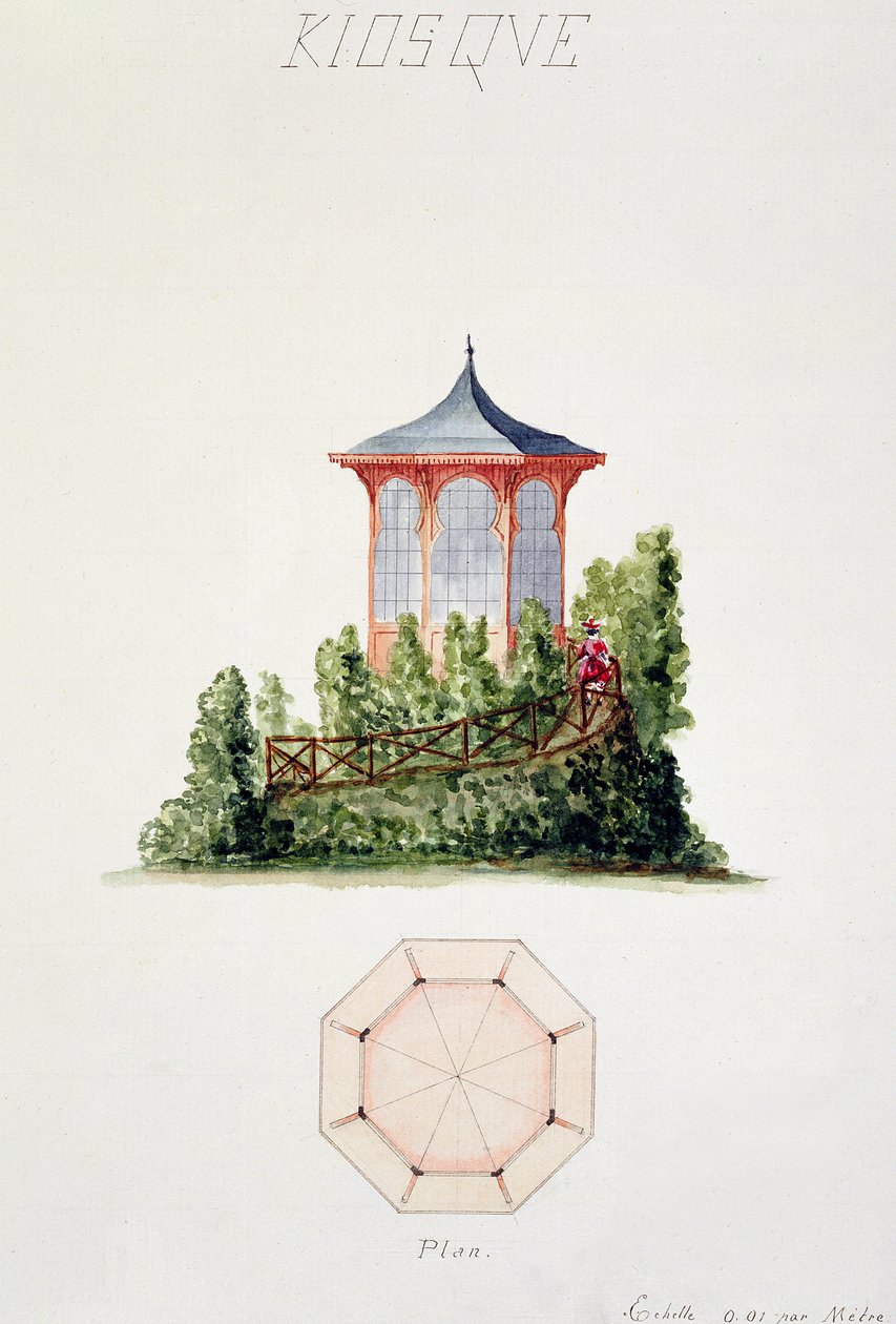 Projekt pawilonu w uproszczonym stylu orientalnym, z kartoteki oryginalnych rysunków w stylu klasycznym i wczesnobelle-epoque, ok.1870 autorstwa H. Monnot