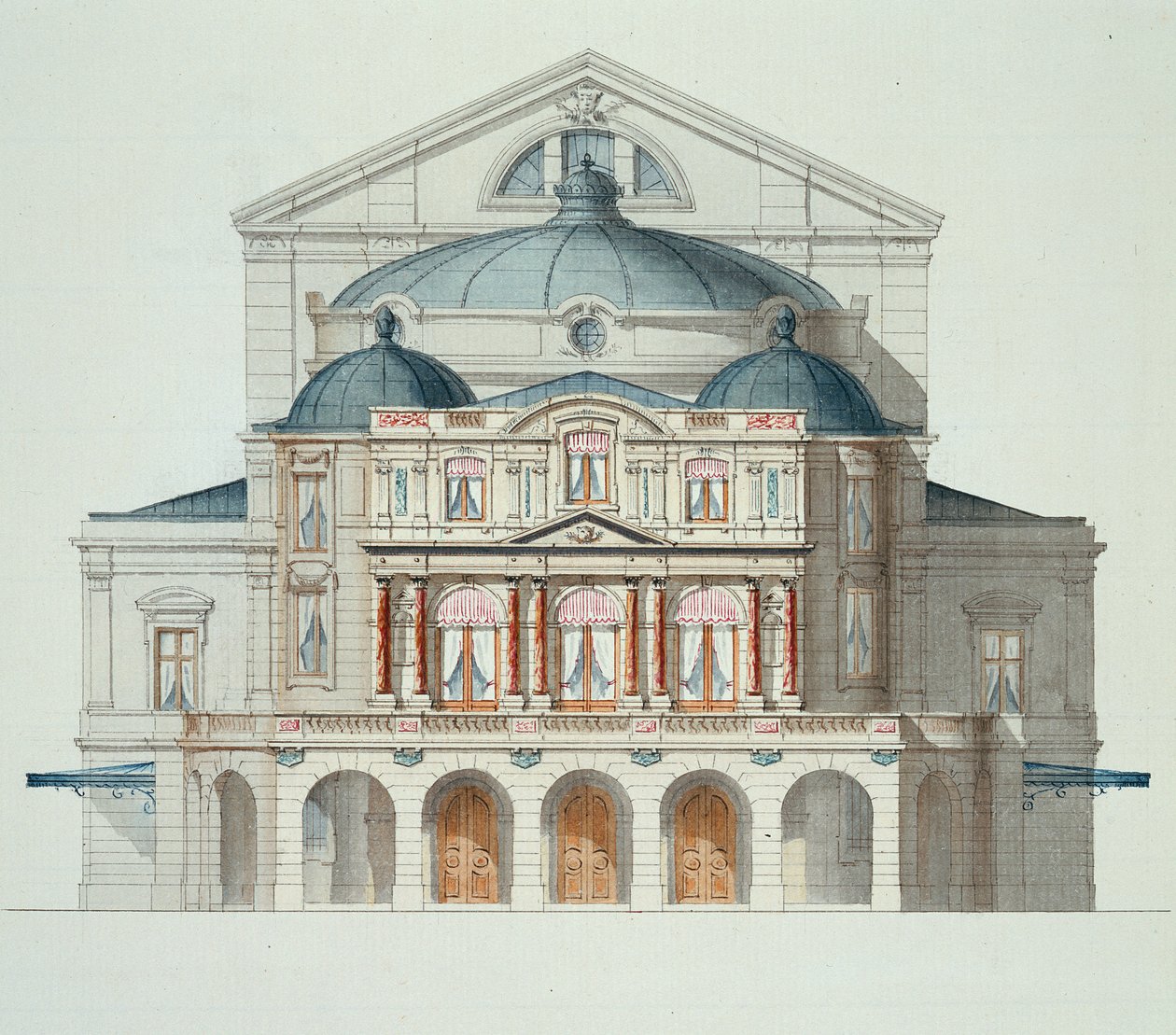 Elewacja teatru, z folio projektów, ok. 1870 autorstwa H. Monnot
