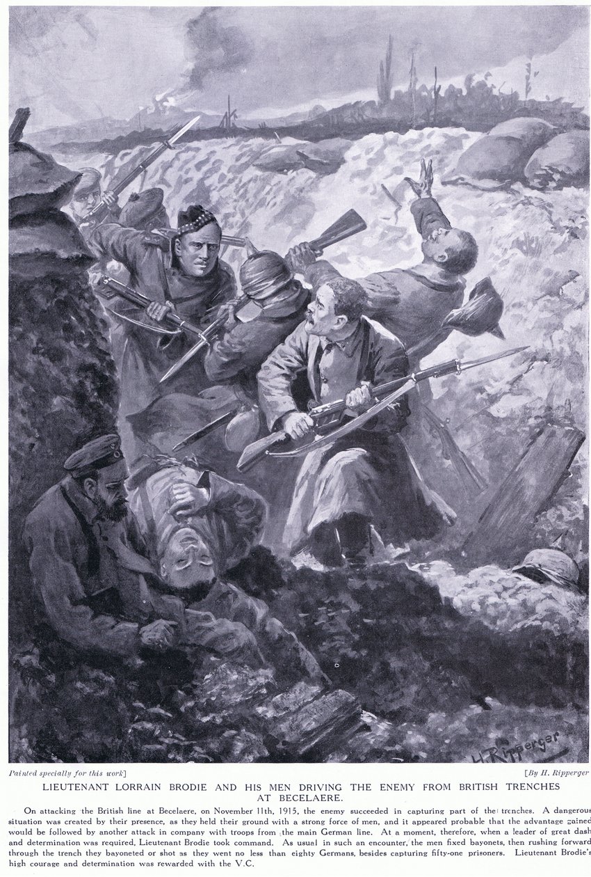 Porucznik Lorrain Brodie zdobył VC za wypędzenie wroga z brytyjskich okopów w Becelaere w listopadzie 1915 autorstwa H. Ripperger