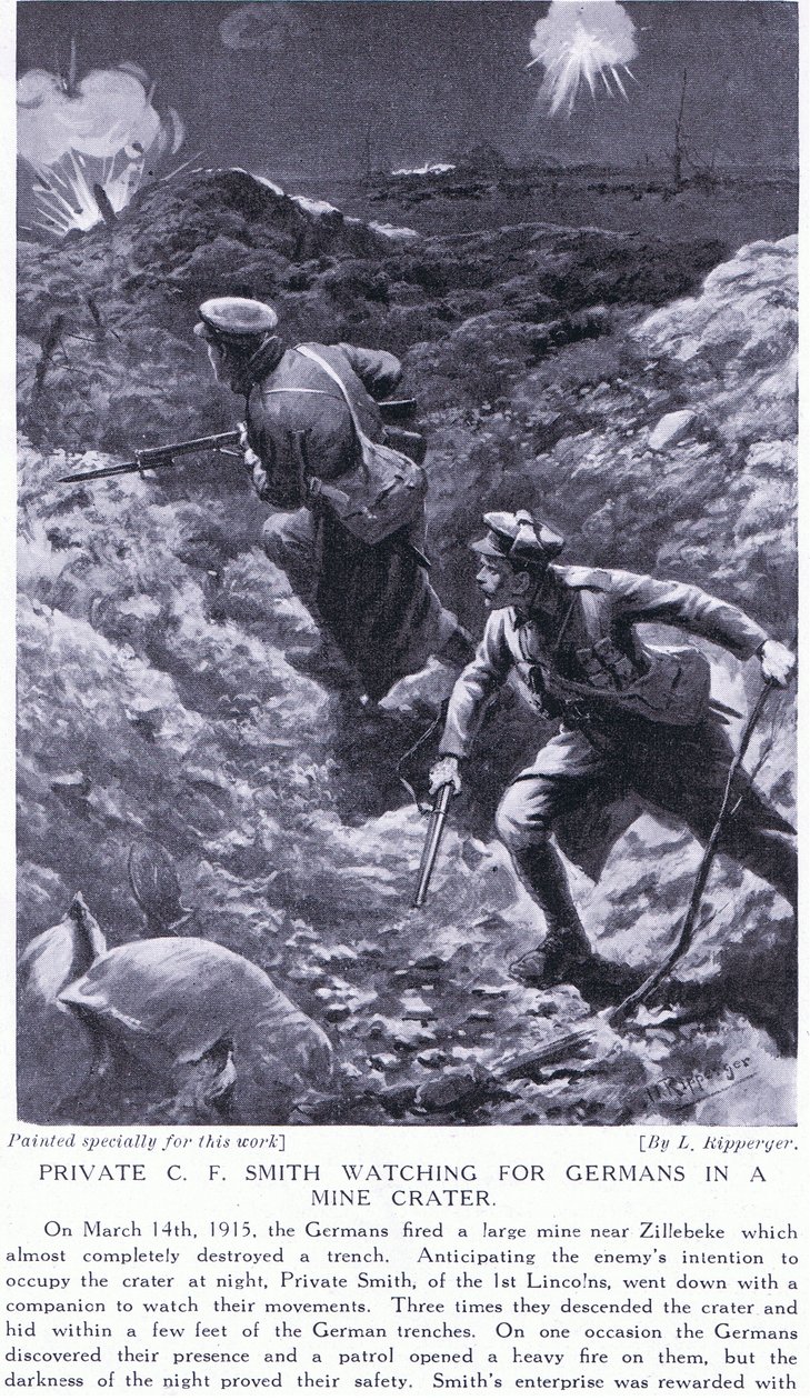 Szeregowy C F Smith wypatrujący Niemców w kraterze kopalni w Zillebeke w marcu 1915 r. autorstwa H. Ripperger
