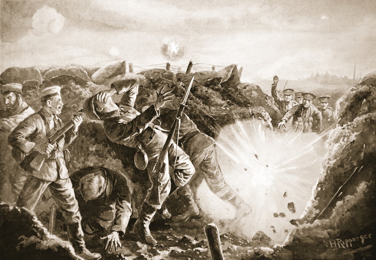Szeregowy Chillingworth asystujący przy bombardowaniu wroga z zajętego przez nich rowu autorstwa H. Ripperger