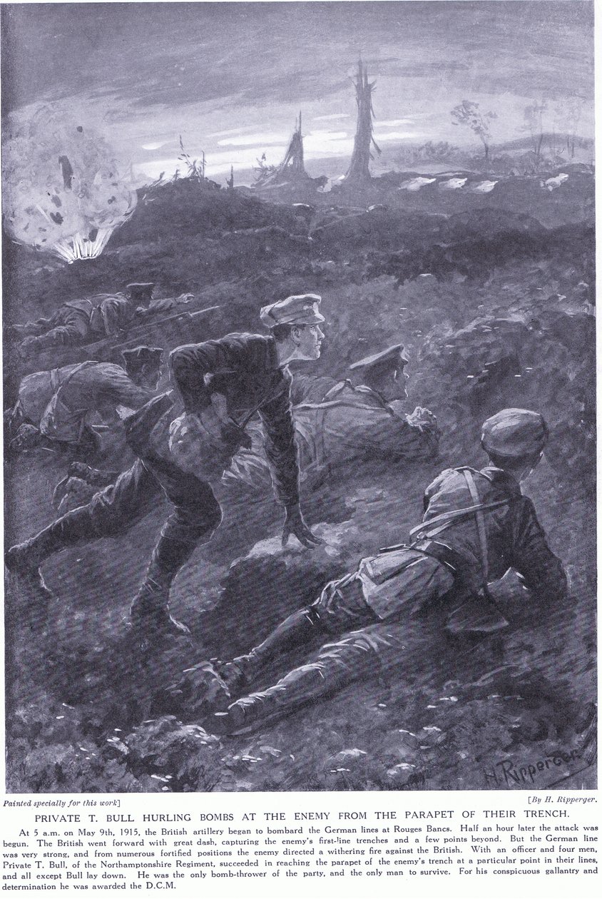 Szeregowy T Bull wygrał DCM rzucając bomby na wroga z parapetu ich okopu w Rouges Banc maj 1915 autorstwa H. Ripperger
