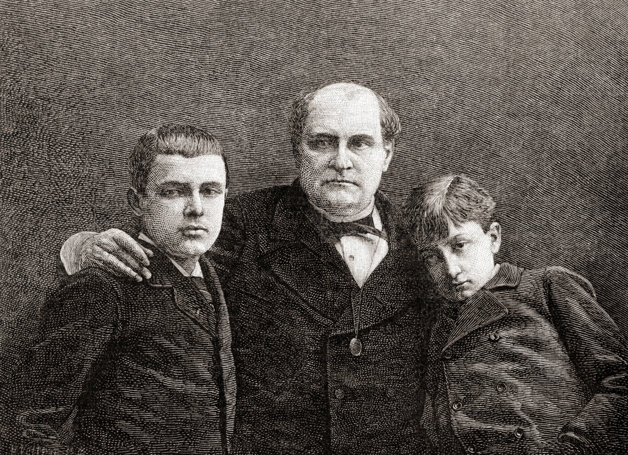 Książę Napoleon Bonaparte z dwoma synami Victorem i Louisem, z miesięcznika The Century Illustrated, wydanego 1884 (drewno) autorstwa H. Velten
