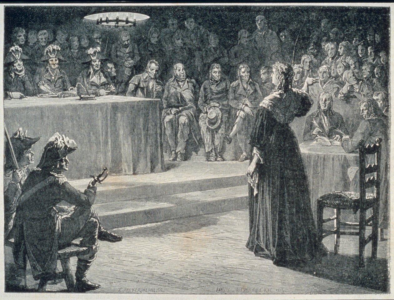 Marie-Antoinette stojąca przed Trybunałem Rewolucyjnym w 1793, grawerowana przez Theodora Meyera-Heine autorstwa H. de la Charlerie