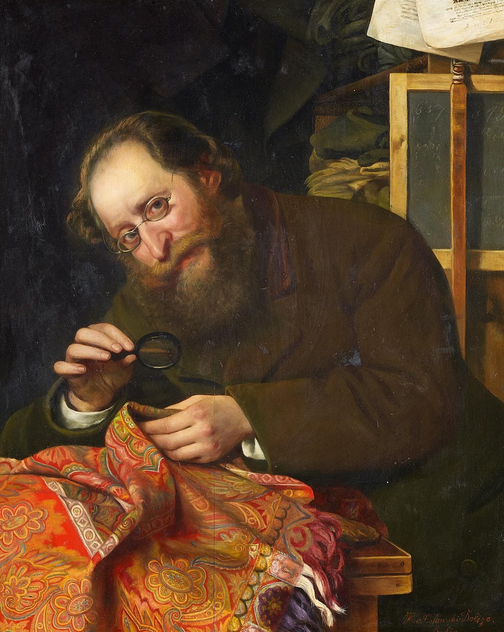 Portret brodatego dżentelmena studiującego gobelin pod lupą autorstwa H. von Ossowski Dolega