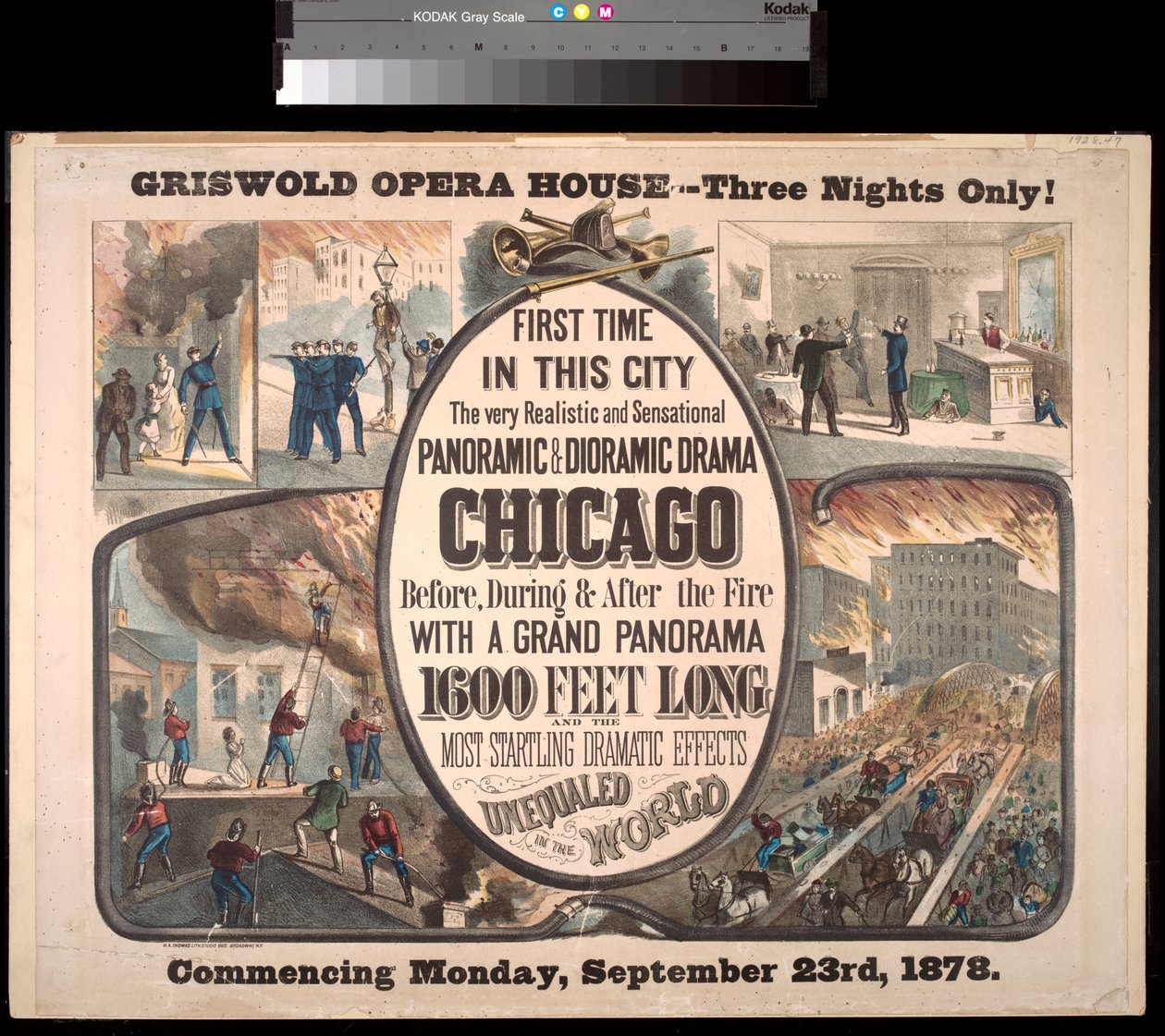 Reklama panoramicznego i dioramicznego dramatu o pożarze Chicago z 1871 roku w Griswold Opera House, 1878 autorstwa H.A. Thomas