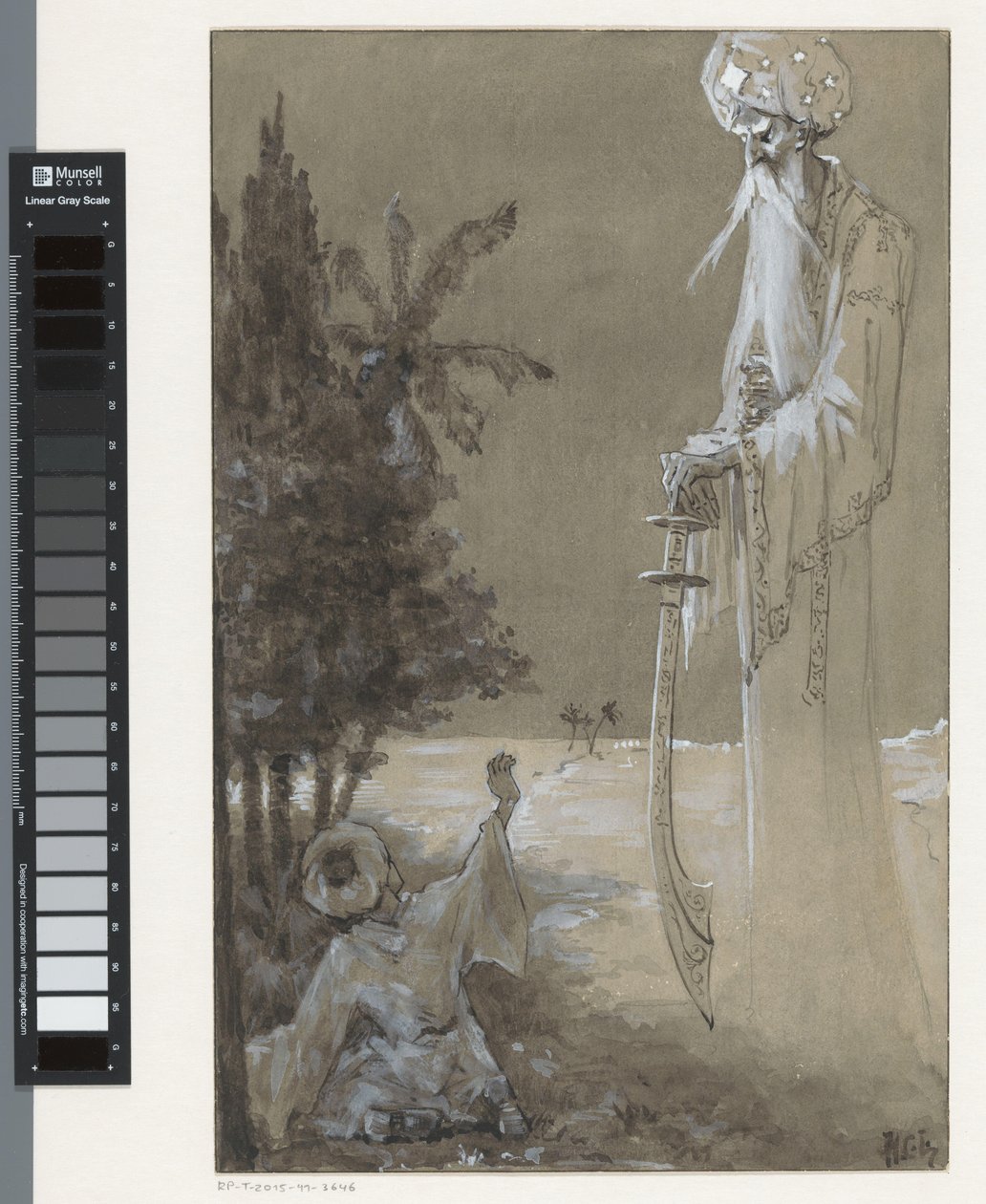 Wysoki mężczyzna z brodą spogląda na siedzącego chłopca autorstwa H.C. Louwerse (signed by artist)