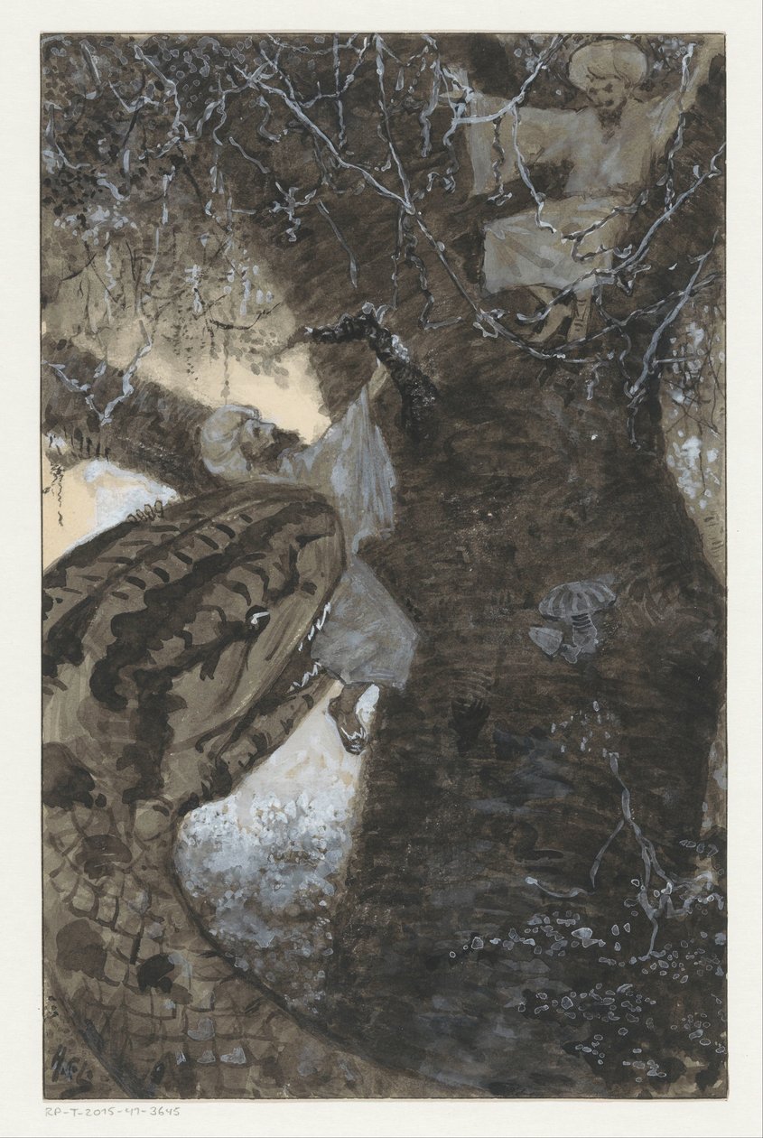 Człowieka na drzewie łapie wąż autorstwa H.C. Louwerse (signed by artist)