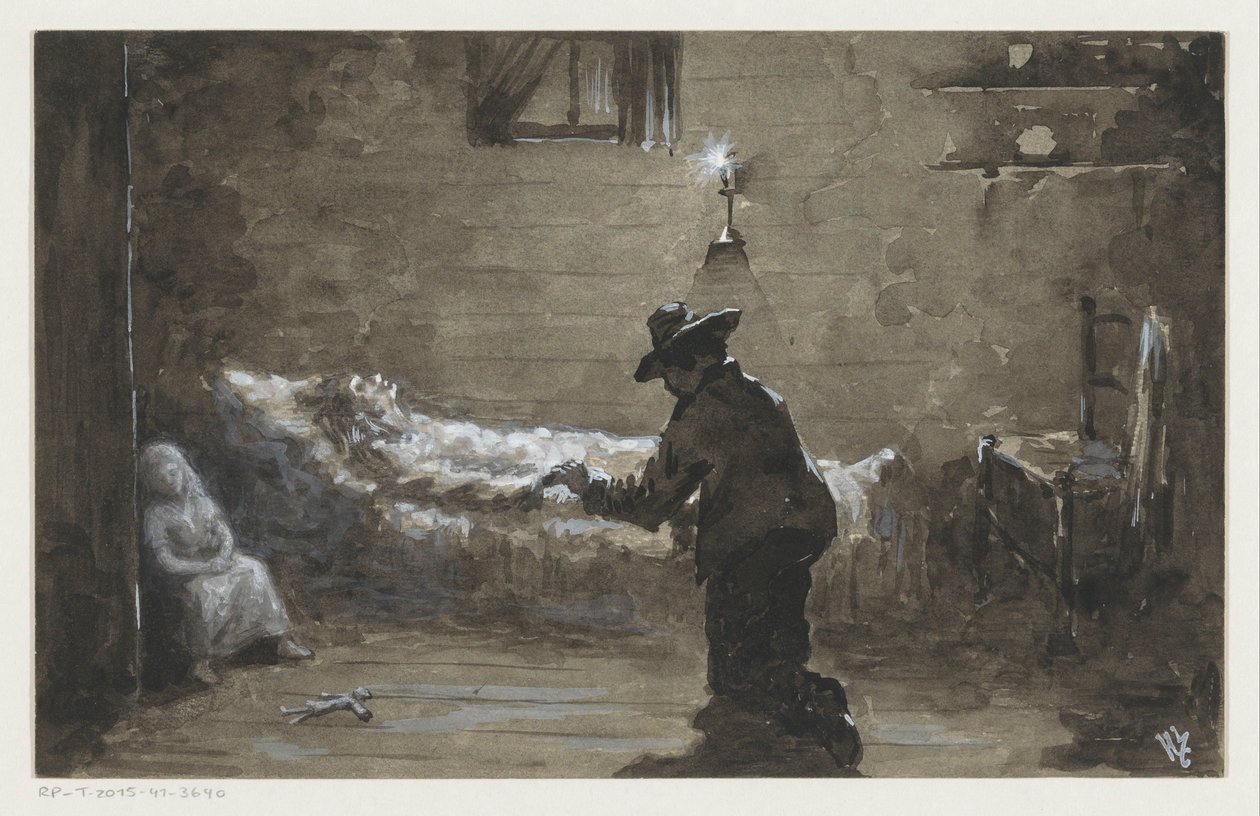 Mężczyzna klęka przy łóżku kobiety autorstwa H.C. Louwerse (signed by artist)