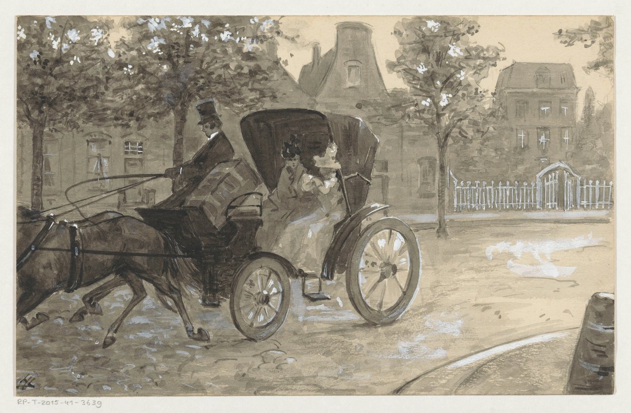 Dwie kobiety w powozie ciągniętym przez konie autorstwa H.C. Louwerse (signed by artist)