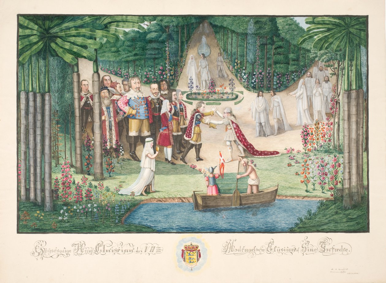 Przyjęcie Christiana VII w Elizjum przez jego przodków autorstwa H.G. Beenfeldt