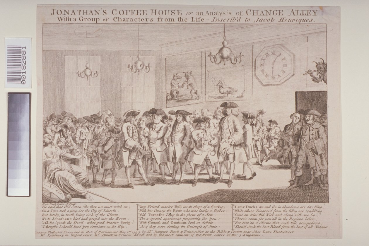 „Kawiarnia Jonathana, czyli analiza Alei Zmian” z grupą postaci z życia, 1763 autorstwa H.O. Neal