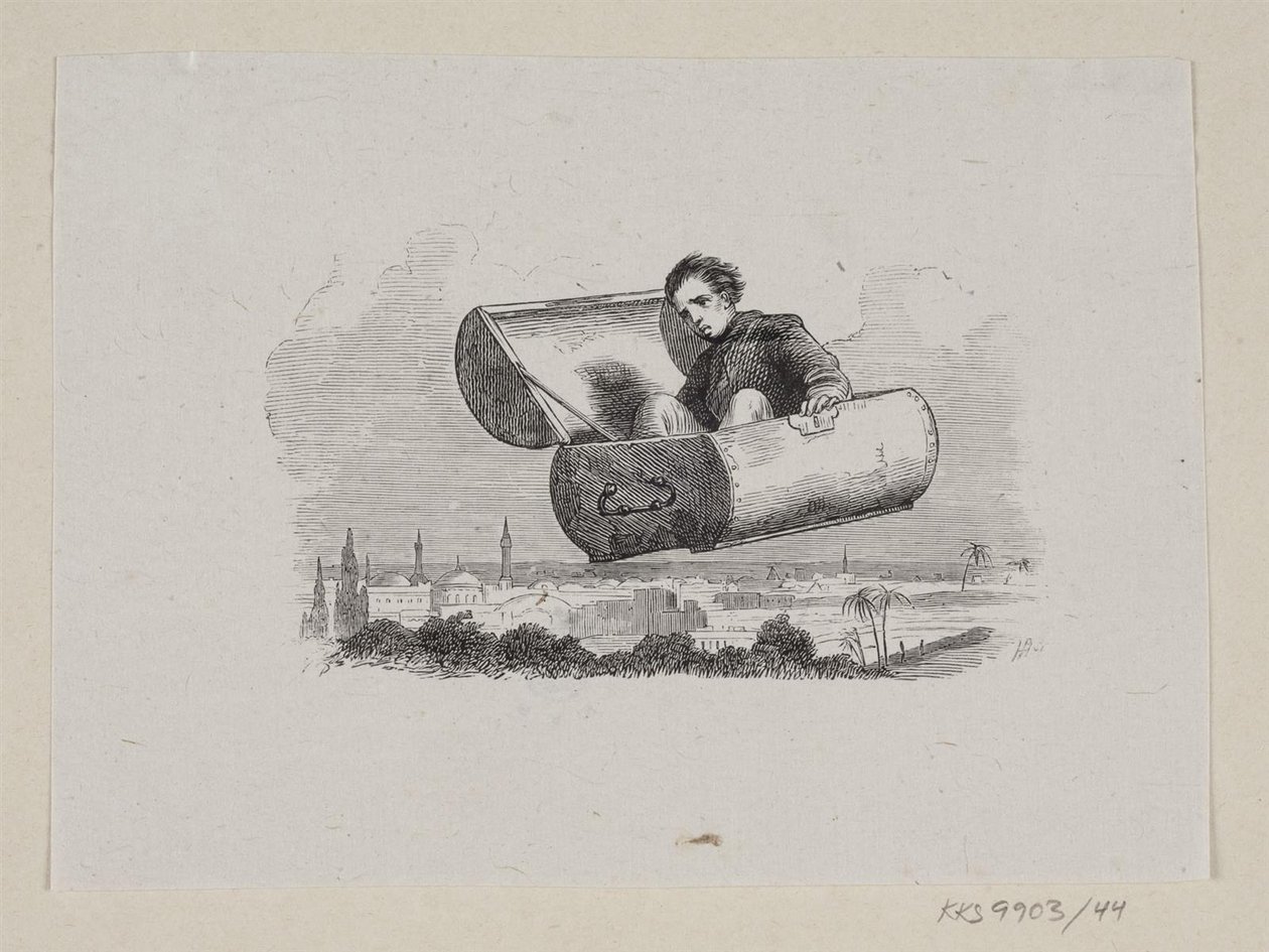 Ilustracja do „Latającej walizki” w H.C. Andersen, „Baśnie i historie”, tom 1 autorstwa H.P. Hansen