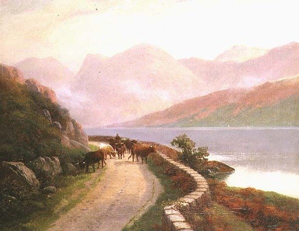Poganiacz z krowami nad jeziorem Buttermere, wieczór autorstwa H.R. Hall