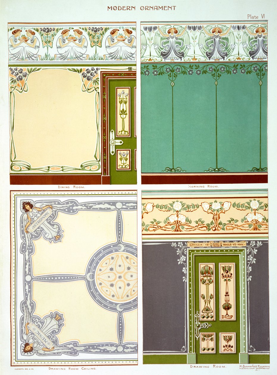 Wzory do obróbki ścian i pomieszczeń, sufitów, fasad, fryzów itp., tablica VI z "Modern Ornament" ok. 1885-95 autorstwa H.Summerfield Rogerson