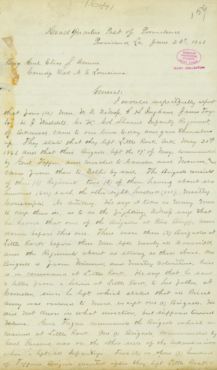 List z siedziby H.T. Reida, Post of Providence, Luizjana, do generała brygady Eliasa S. Dennisa, 22 czerwca 1863 r. autorstwa H.T. Reid