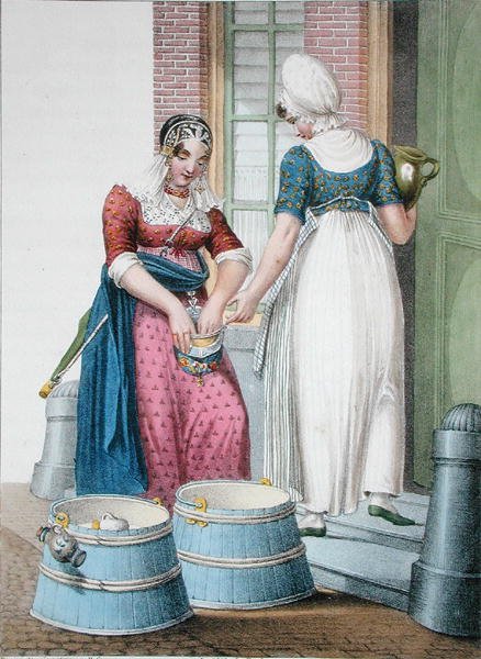 Służąca z Amsterdamu i lokalna dojarka, ilustracja z „Kolekcji strojów północnych prowincji Królestwa Niderlandów...” rytowana przez Villeneuve autorstwa H. (after) Greeven