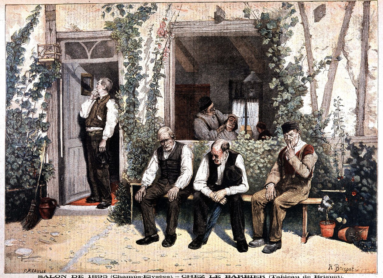 Fryzjer. Litografia na podstawie obrazu Brispota, wystawa z 1895 r. na Polach Elizejskich. W „”Le Petite Journal”” z 26 maja autorstwa H. Brispot