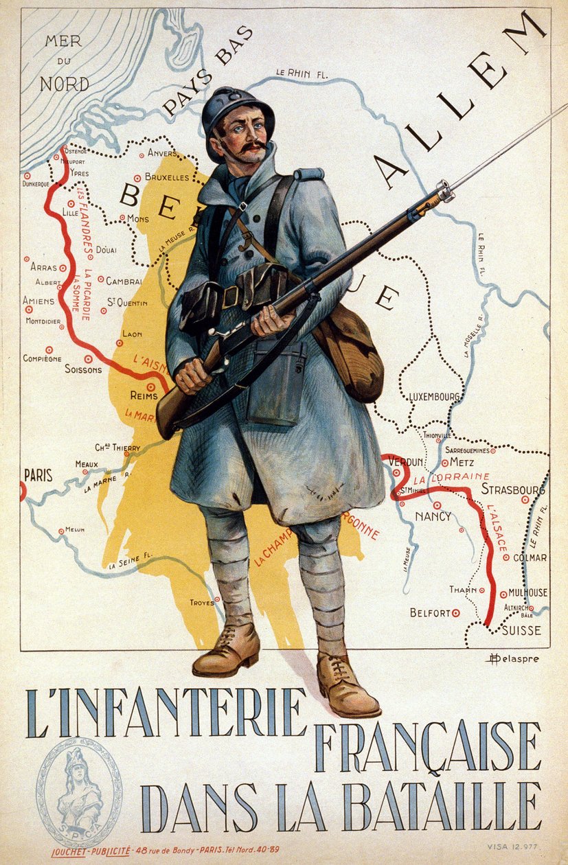 Piechota francuska w bitwie (czerwona linia reprezentuje linię Hindenburga) - il. przez H. Delaspre autorstwa H. Delaspre