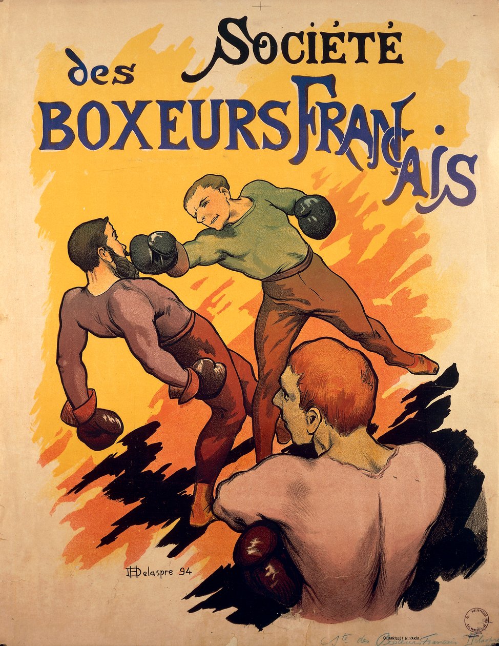 Societe des Boxeurs Francais, francuscy bokserzy reklamująca ilustracja autorstwa Delaspre autorstwa H. Delaspre