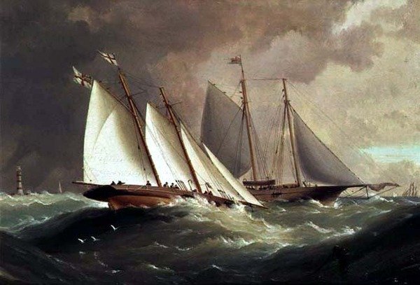„Esmeralda” i „Alarm” przy latarni Eddystone autorstwa H. Forrest